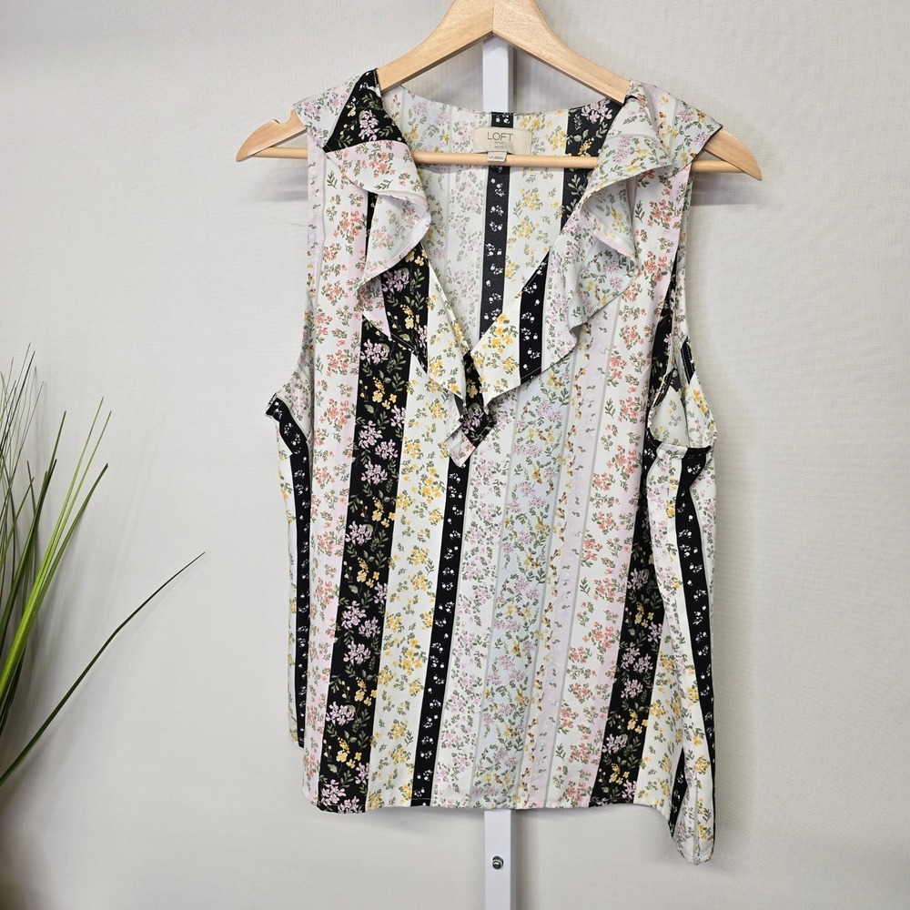 Loft Outlet Petite LP Sleeveless‎ Floral Stripe Ruffle Neck Blouse Top Multi